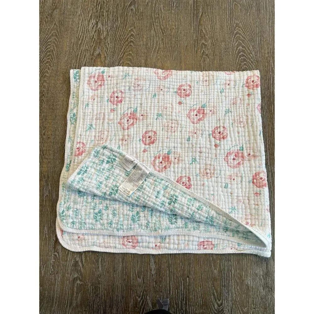 Aden & Anais Pink White Teal Floral Reversible Muslin Cotton 4 Ply Dream Blanket